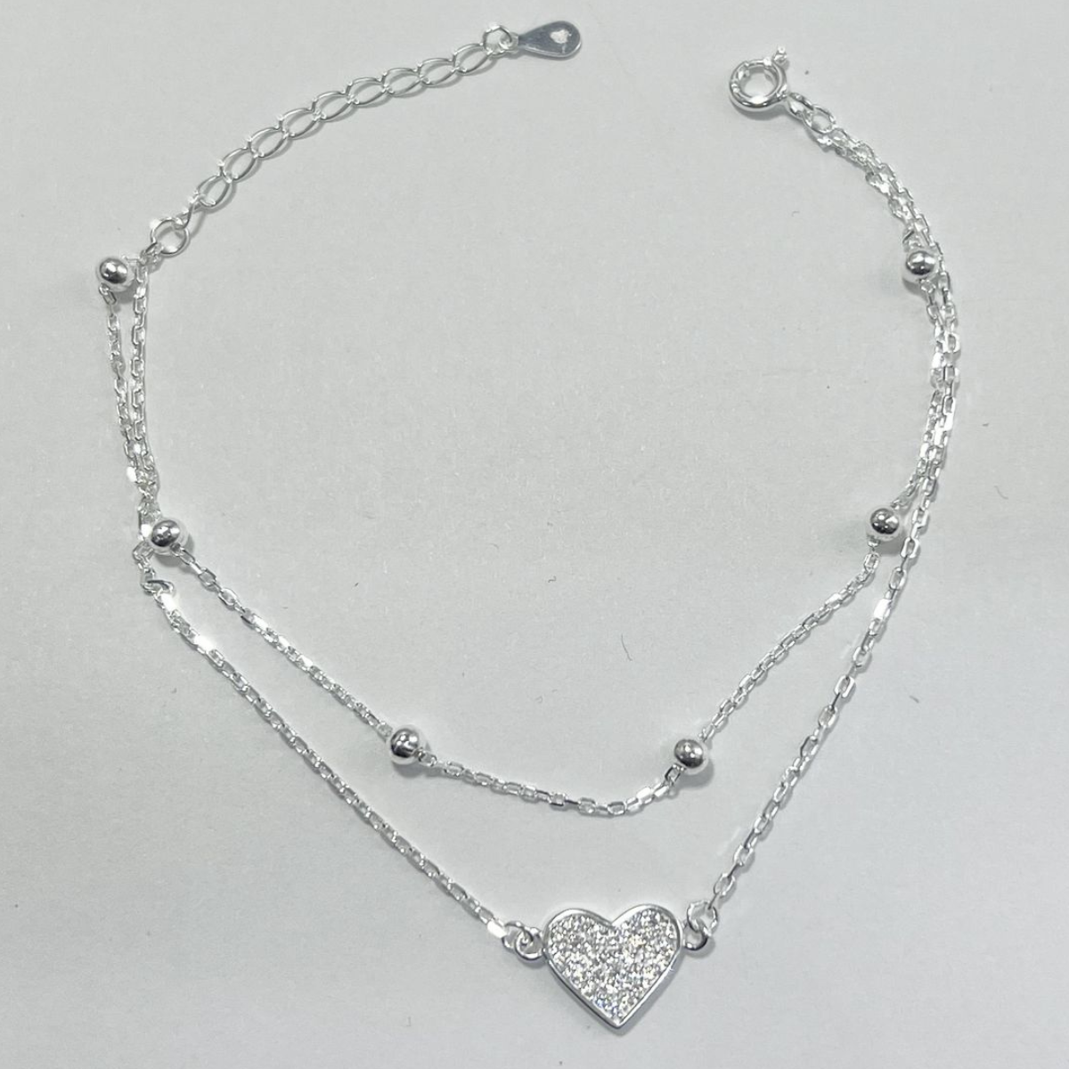 TOBILLERA DOBLE CADENA DIJE CORAZÓN CON MICRO CIRCONES