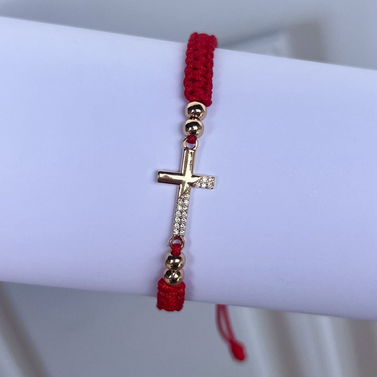Pulsera Tejida En Macramé Cruz Oro laminado 18 K