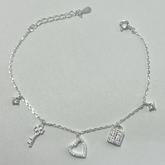 PULSERA DIJE CORAZÓN LLAVE PLATA LEY 925