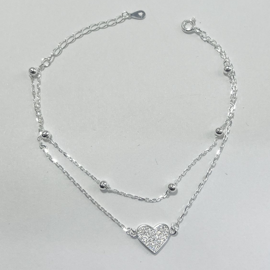 PULSERA CORAZÓN DOBLE CON BALINES PLATA LEY 925