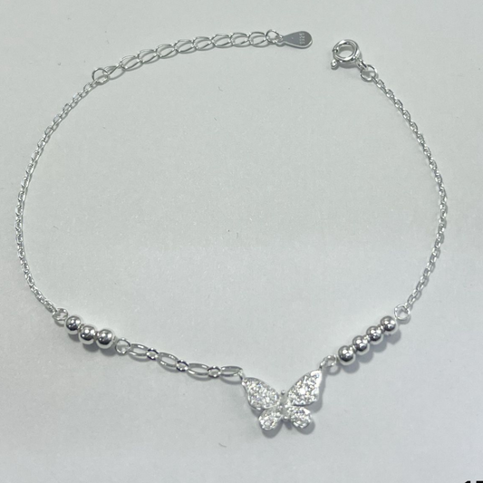 PULSERA EN PLATA CON DIJE MARIPOSA Y BALINES PLATA LEY 925