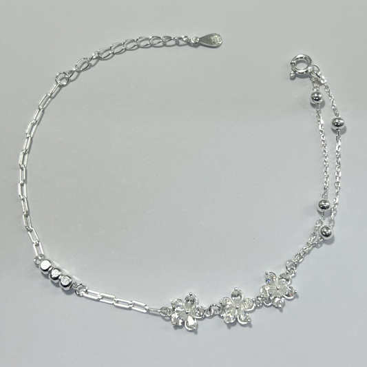 PULSERA DOBLE CADENA DIJE DE FLORES PLATA LEY 925