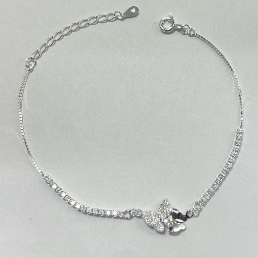 PULSERA CON CIRCONES DIJE DE MARIPOSA PLATA LEY 925