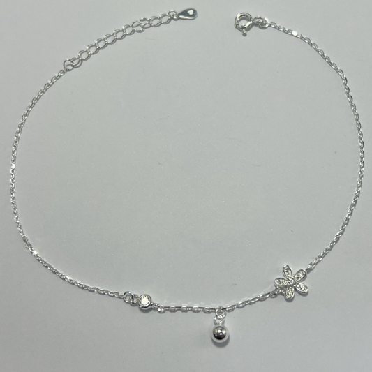 TOBILLERA EN PLATA DIJE DE FLOR CON CIRCONES Y BALIN