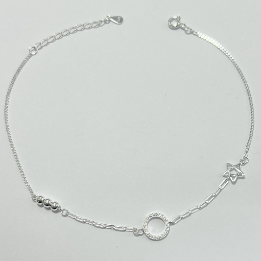 TOBILLERA DE  PLATA CON DIJES CÍRCULO Y ESTRELLA DE DAVID CON CIRCONES