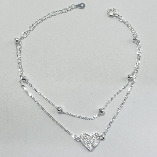 TOBILLERA DOBLE CADENA DIJE CORAZÓN CON MICRO CIRCONES