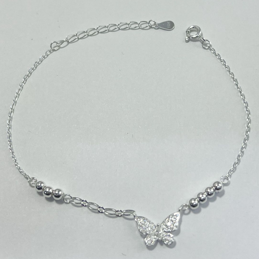 TOBILLERA EN PLATA CON MARIPOSA Y BALINES