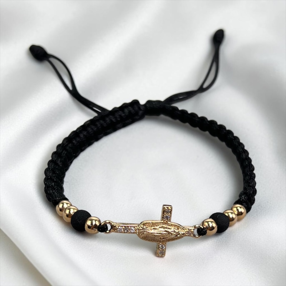 PULSERA ORO LAMINADO AMERICANO 18K CRUZ GUADALUPE TEJIDA