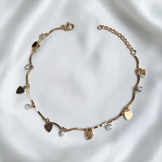 TOBILLERA TUBOS DIJES CIRCON Y CORAZÓN ORO LAMINADO 18K