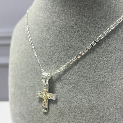 CADENA EN PLATA CON DIJE DE CRUZ BICOLOR